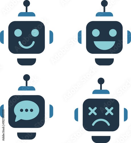 Cute chatbot robot icons set with different emotions vector illustration AI assistant faces smiling chatting sad expressions modern technology design