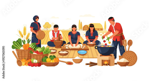 Traditional Cooking Vector: Rural Community Preparing Fresh Harvest Food, Grinding Spices, Kneading Dough, and Boiling Stew over Fire.