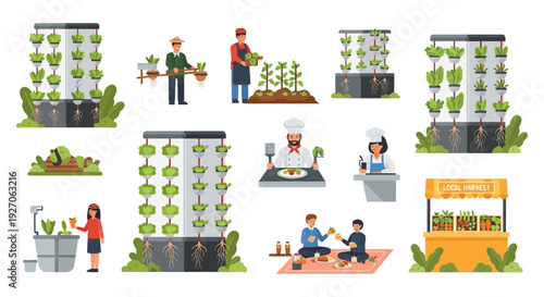 Vertical Farming and Sustainable Food Production Cycle Illustration Set: Hydroponics, Farmers, Chefs, and Local Harvest Icons.