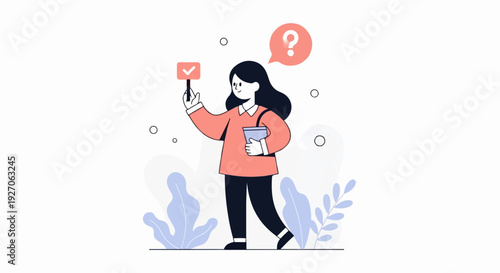A person holding a checkmark sign, with a question mark speech bubble above
