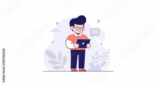 A stylized person in glasses interacts with a tablet device, with abstract floral elements