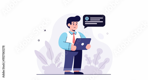 Cheerful man in formal attire engaging with a tablet, with abstract foliage and communication icons