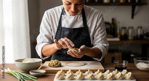 Chef Preparing Dumplings in Kitchen.