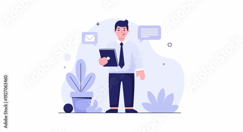 Man in suit holding tablet with chat and mail icons, surrounded by plants