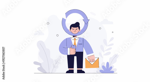 Man in suit with phone and envelope, surrounded by nature and a circular process symbol