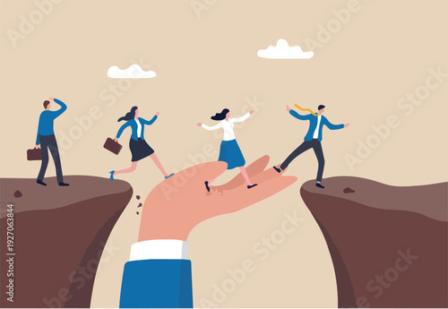 Support of help to solve problem, manager mentorship or coaching to help team success, leadership to guide employee to achieve goal concept, giant hand help business people cross the problem gap