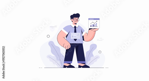 A cartoon man in glasses and business attire holds up a tablet displaying a rising bar graph