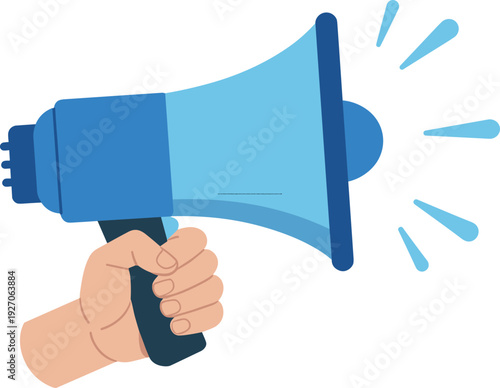 Cartoon vector illustration of hand holding blue megaphone with sound waves, symbolizing communication, marketing, broadcasting, public speaking, and announcements concept