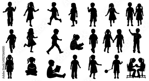 Children silhouette, kid vector set, boy, girl, kids standing, playing, walking, interacting, different poses
