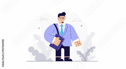 Stylized man in suit with glasses and satchel, carrying a book
