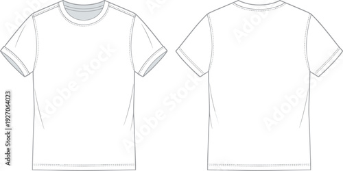 Crew neck t‑shirt technical fashion illustration, front and back garment design with short sleeves, stitching details, apparel motifs