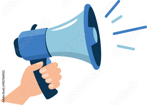 Cartoon vector illustration of hand holding blue megaphone with sound waves, symbolizing communication, marketing, broadcasting, public speaking, alerts, and announcements