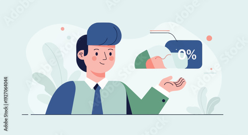 Man presents a pie chart with zero percent, a business concept