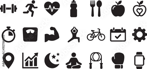Collection of icons representing health, fitness, and wellness concepts.