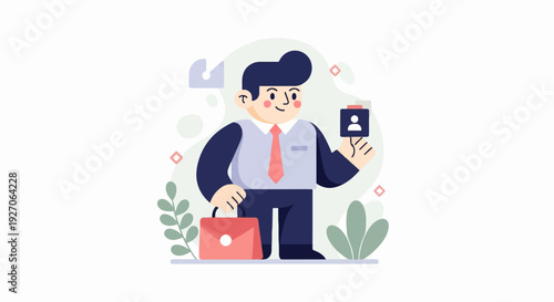 A man in a suit holding a briefcase and ID card, stylized flat illustration
