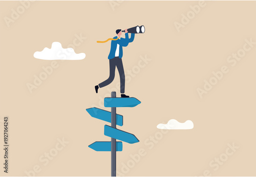 Search for right direction, business opportunity or success way, make decision or career path, vision to see future concept, smart businessman look through spyglass or binoculars to discover solution.