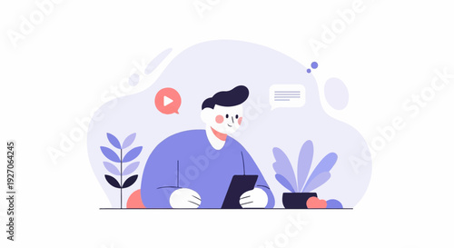 Animated person using a tablet device with plants and chat bubbles in the background
