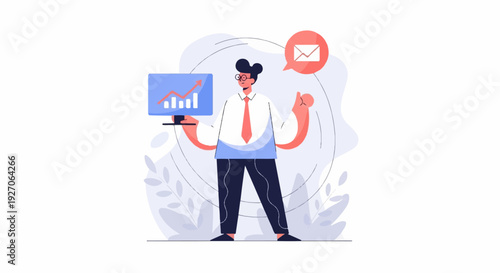 Person holding a tablet showing a rising graph, with an email icon above