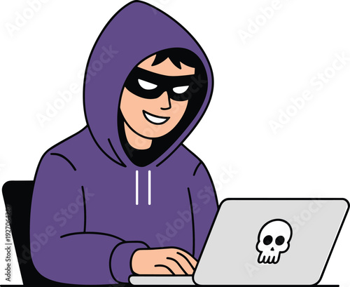 Cartoon vector illustration of masked person in purple hoodie typing on laptop with skull symbol, representing hacking, cybercrime, cybersecurity, and online anonymity