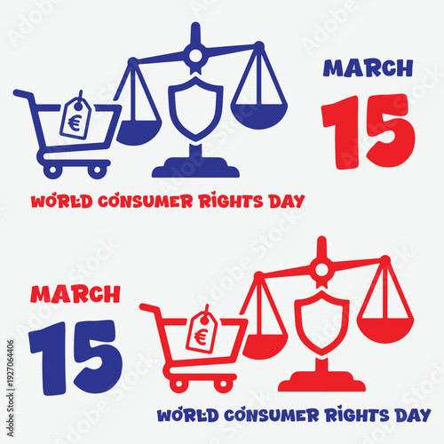 World Consumer Rights Day, March 15. Vector flat illustration set with shopping cart, price tag, balance scale, and shield. Consumer protection and fair trade concept banner in red and blue.