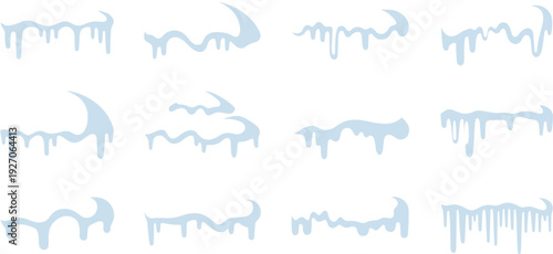 Cartoon vector set of twelve stylized dripping icicles and melting snow formations, winter decoration elements for seasonal design, cold weather illustration