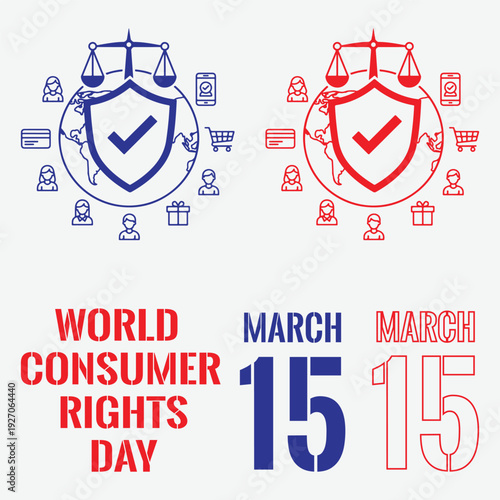 World Consumer Rights Day, March 15. Line art vector illustration set with globe, shield, justice scales, and shopping icons. Global consumer protection concept.