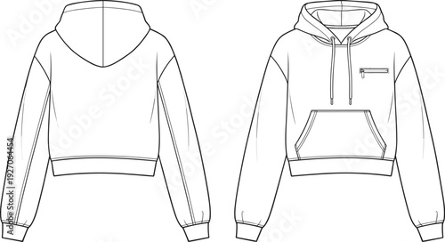 Cropped hoodie technical fashion illustration, front and back garment design with drawstring hood, ribbed cuffs, kangaroo pocket motifs