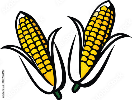 Two pairs of corn cobs are displayed on a white background. Each corn cob is bright yellow with rows of kernels and is partially enclosed in vibrant green husks. The left pair consists of two cobs, on
