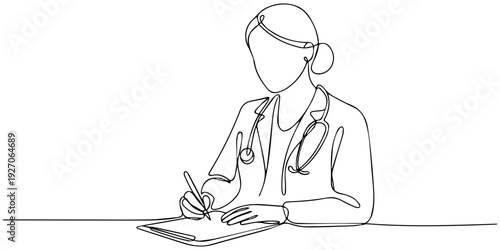 continuous one line drawing Female doctor writing on clipboard