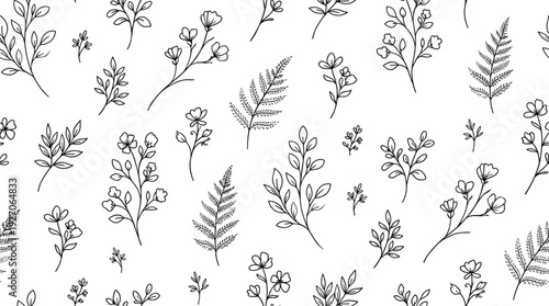 Botanical seamless pattern vector illustration, line art leaves and flowers, decorative graphics, natural textile and wallpaper motifs