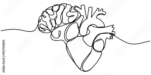 Brain and heart connection continuous one line drawing art