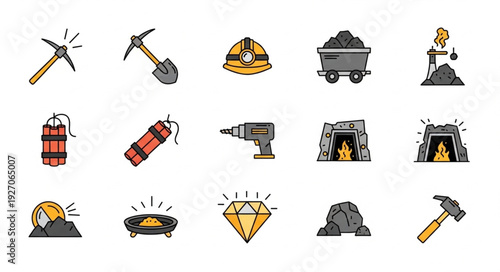 Collection of mining tools and equipment for underground resource extraction.