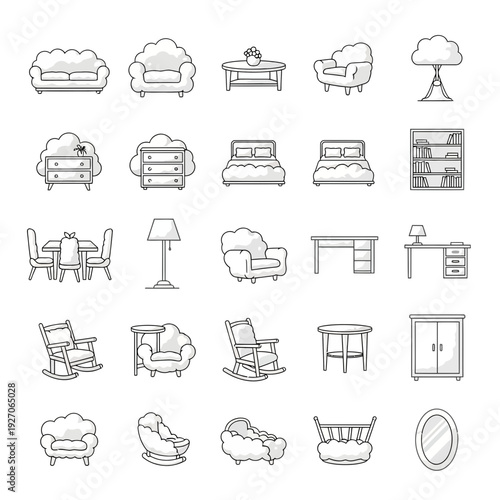 Set of Cloud-Shaped Furniture Line Art Icons for Home and Interior Design