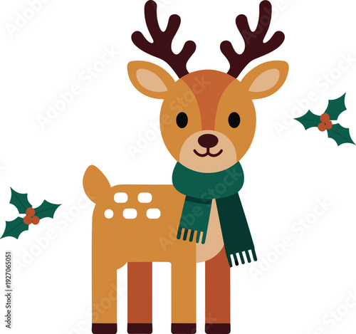 Cute Christmas reindeer with scarf and holly leaves vector illustration cartoon winter animal festive holiday character design isolated background