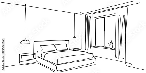Bedroom interior continuous one line drawing
