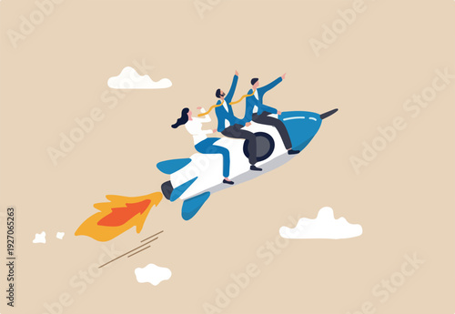 Team direction, leadership to guide team to success, boost team productivity or innovation to succeed, partnership or success startup concept, business people riding rocket, leader pointing direction