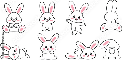 Cute kawaii bunny poses collection flat cartoon vector illustration for kids design sticker character set animation
