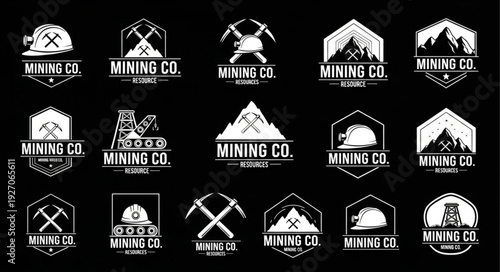 Collection of mining company logos in white color on black background, various designs.