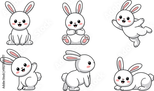 Cute white bunny character poses set flat cartoon vector illustration for kids animation sticker mascot design