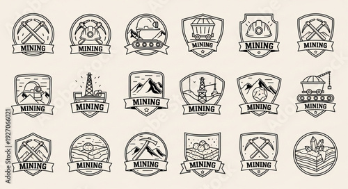 Collection of vintage mining badges and emblems with tools and elements.