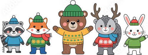 Cute winter animals characters wearing sweaters and hats vector illustration cartoon raccoon fox bear deer rabbit festive holiday design set