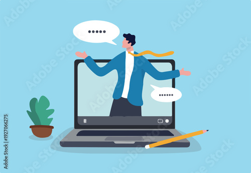 Online video interview, meeting discussion or teaching e-learning, job interview or employment, talk or chat with colleague, conference call, businessman talking on computer laptop online interview.