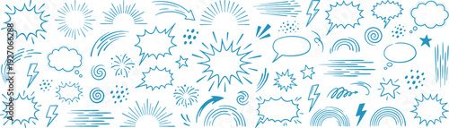 Collection of blue cartoon weather icons and speech bubbles on white background for design