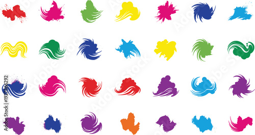 Vibrant colorful paint splatters and swirls in various hues on white