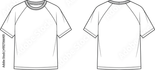 Raglan t‑shirt technical fashion illustration, front and back garment design with crew neckline, ribbed detailing, apparel construction motifsRaglan t‑shirt technical fashion illustration