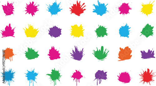 Vibrant colorful paint splatters on white background