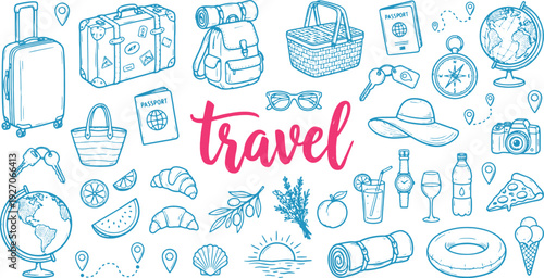 Travel icons collection with luggage globe camera hat and vacation accessories on white background