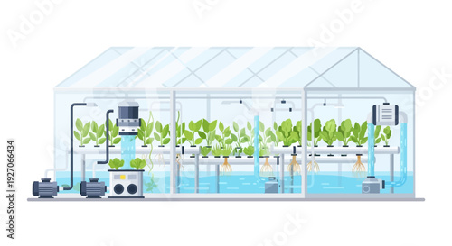 Hydroponics Greenhouse System Illustration. Modern Controlled Environment Agriculture (CEA) Technology, Smart Farming, and Sustainable Plant Growing Process.
