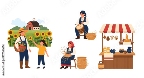 Traditional Rural Economy Vector: Farming and Harvest, Folk Craft (Basket Weaving), Musician, and Local Produce Market Stall Illustration Set.