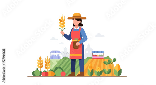 Flat Vector Illustration of Female Farmer Holding Wheat Stalk in Agricultural Field. Harvest, Farming, and Organic Food Production Concept.